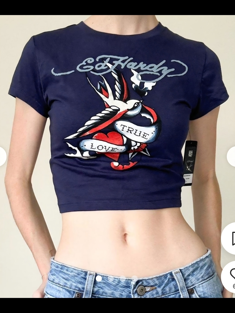 Ed Hardy Y2K True Love Swallow Tattoo Graphic Baby Tee Top Navy Size M NWT